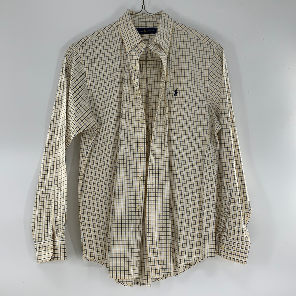 Ralph Lauren Polo Logo men’s size Large button up plaid navy gold long sleeve